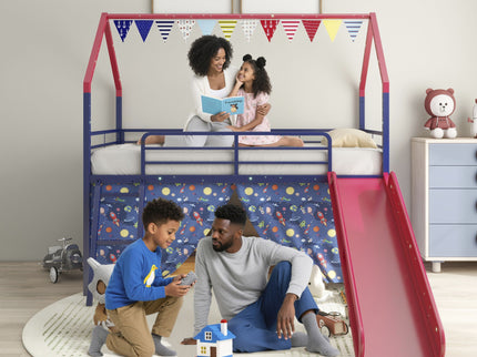 Jack - House Loft Bed With Slide And Curtain Set