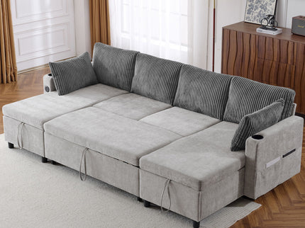 Sectional Sofa Bed With Pull Out Sleeper, USB Ports, Cup Holders