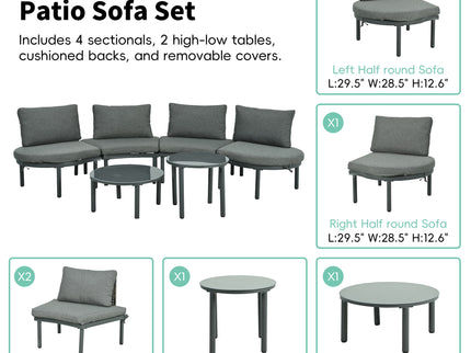 6 Piece Patio Set, Half Moon Outdoor Sectional Sofa With 2 High Low Coffee Tables, 4 Pillows & Cushions