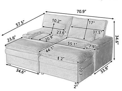 Convertible Loveseat Sofa With Storage, USB Ports, Cup Holders