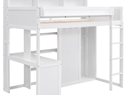 Loft Bed With Built In Desk, Storage Shelves, And Wardrobe
