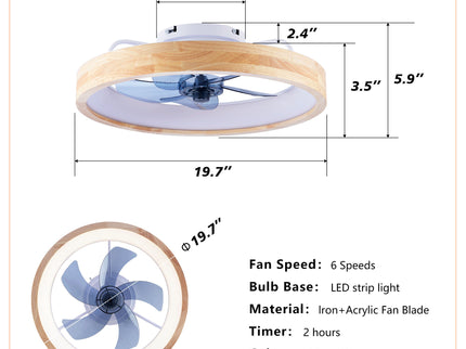 Ceiling Fans With Lights And Remote, 3000 - 6500K Dimmable Flush Mount LED Fan Light, 6 Speeds, Quiet DC Motor For Living Room - Matte White / Natural Wood