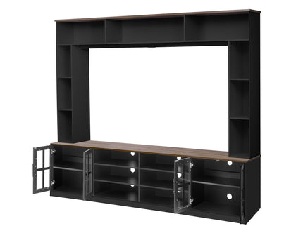 Wall Unit Entertainment Center With Bookshelves For TVs Up To 80", Tempered Glass Doors And Adjustable Shelves