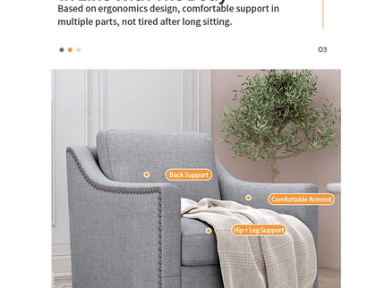 360 Degree Swivel Armchair, Skin Friendly Fabric, Ergonomic Design, Brass Nail Decorative Armchair