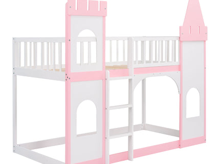 Twin Over Twin Castle Bunk Bed With Ladder - Pink
