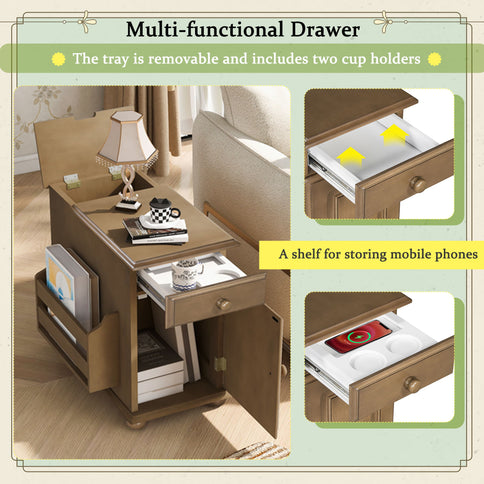 Vintage Flip Top Side Table With USB Ports