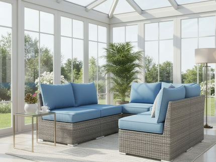 Armless Patio Sofa Set, With UV Resistant Frame And Waterproof Cushions - Blue / Brown