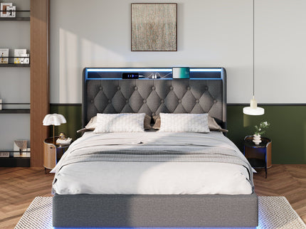 Upholstered Bed, 360 Surround LED Function, Remote Control, Hydraulic Storage Bed With USB, Type-C Charging (Without Mattress)