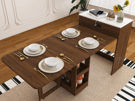 Extendable Dining Table With Power Socket, Lockable Casters, Storage Cabinet