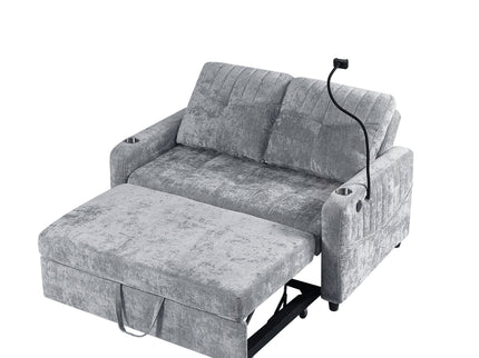 Modern Loveseat Pull Out Sofa Bed With Adjustable Backrest, Two Cup Holders, A Phone Holder, Three Charging Ports And Side Storage Pockets For Living Room