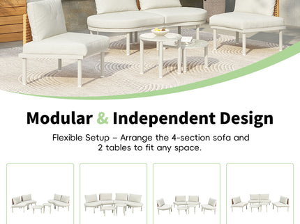 6 Piece Patio Set, Half Moon Outdoor Sectional Sofa With 2 High Low Coffee Tables, 4 Pillows & Cushions