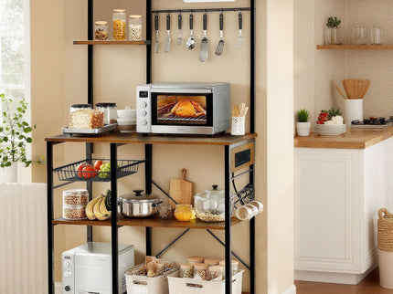 Bakers Rack With Power Outlet, Coffee Bar With S-Shaped Hooks, Kitchen Shelf With Wire Basket - Black / Brown