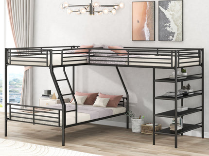 L-Shaped Twin Over Full Bunk Bed And Twin Loft Bed With 4 Built In Shelves - Black