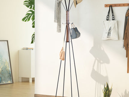 Reclaimed Wood And Metal Freestanding Coat Rack With Hooks Use In Bedroom, Living Room - Natural