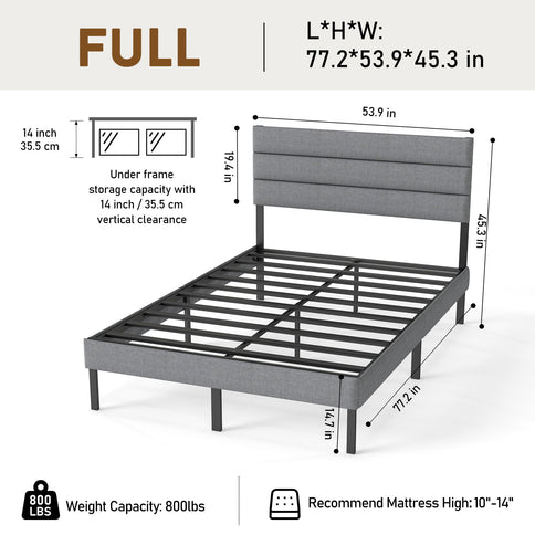 Upholstered Platform Bed Frame With Headboard, No Box Spring Needed, Underbed Storage