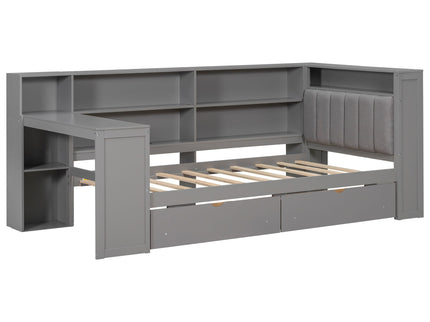 Platform Bed With Upholstered Headboard, Storage Shelves, Drawers, Charging Station, LED Lighting, Built In Desk