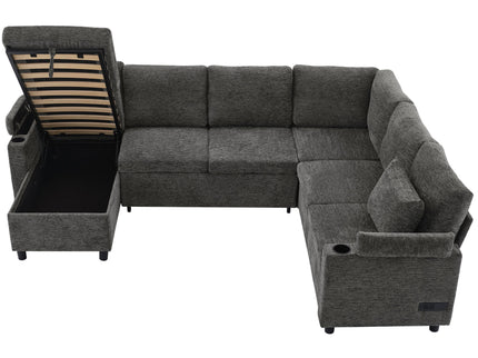 U-Shaped Sectional Sleeper Sofa With Ample Storage Space, 2 Cup Holders And Charging Ports For Living Room