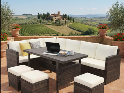 7 Piece Outdoor Dining Set With Cushions, Modular Sectional Sofa And Table