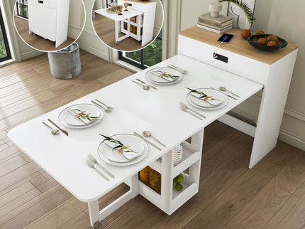 Extendable Dining Table With Power Socket, Lockable Casters, Storage Cabinet