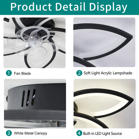 30" Flower 6 Speed Ceiling Fan With Remote Controlled LED Lights, Low Profile Flush Mount Fan