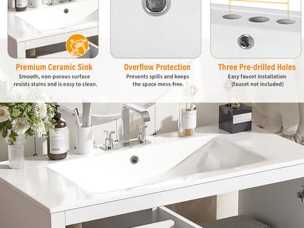 Bathroom Vanity With Sink, Soft Close Doors, Adjustable Shelf & 3 Drawers