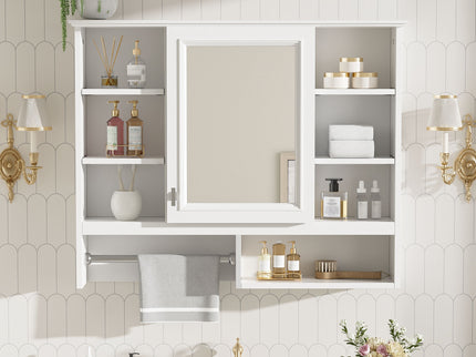 Wall Mount 2 In 1 Mirror Cabinet With Adjustable Shelves, Open Storage, For Bathroom Vanity - White