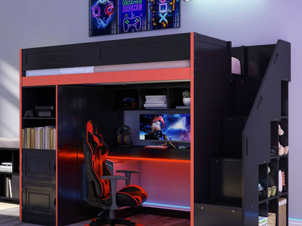 Gaming Loft Bed With Desk And Storage, LED Lights