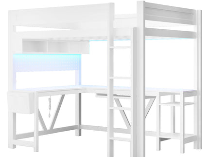 Gaming Loft Bed With Desk, Storage Shelves, LED And Charging Station