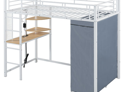 Loft Bed With Desk, Shelves, Power Outlet, LED Light And Wardrobe