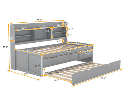 Captain Bed With Built In Bookshelves, 3 Storage Drawers, And Trundle