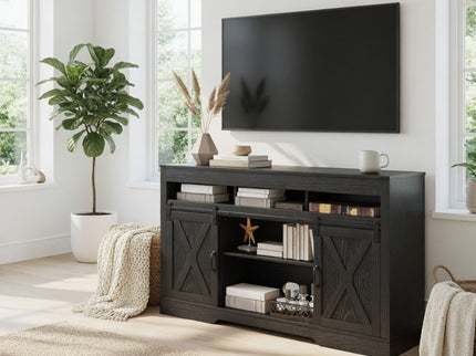 Farmhouse TV Stand With Sliding Barn Doors & Adjustable Storage