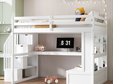 Full Size Loft Bed With Desk And Shelves, 2 Built In Drawers, Storage Staircase - White