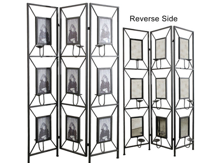 Room Photo Frames Screen Divider Screens, 3 Panel Decorative Screen With Photo Frames, Antique Mirror, Candle Stick - Black