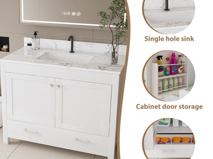 43" Bathroom Vanity With Artificial Marble Carrara Top Set, Multi Functional Cabinet With Doors And Drawer - White