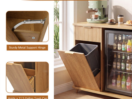Fluted Coffee Bar Cabinet With Mini Fridge Space & Charging Station - Natural