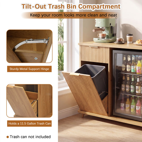 Fluted Coffee Bar Cabinet With Mini Fridge Space & Charging Station - Natural