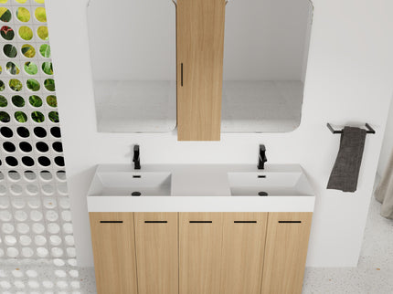 Double Sink Bathroom Vanity Set With Tall Linen Cabinet, Extra Large Storage, Integrated Sink, Freestanding Cabinet - Light Oak / White