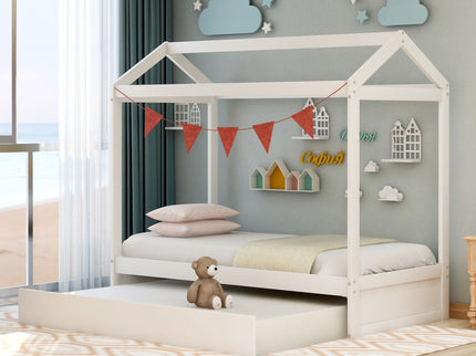 House Bed With Trundle In, Twin Size - White