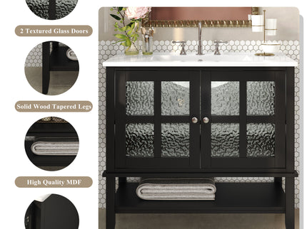 Bathroom Vanity With Ceramic Sink, Adjustable & Open Shelf