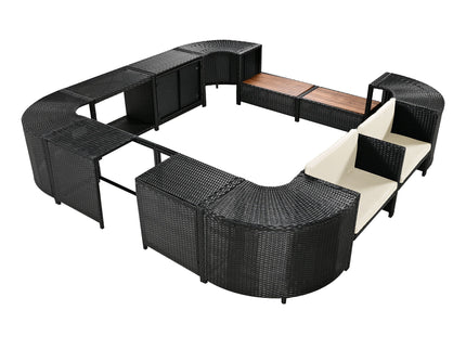 Spa Surround Spa Frame Quadrilateral Outdoor Rattan Sectional Sofa Set With Mini Sofa, Wooden Seats And Storage Spaces