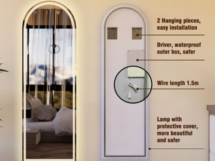 Arch Design LED Full Length Mirror, Dimmable, High Definition, Explosion Proof, 65" X 21" - Silver