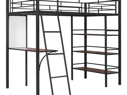 Loft Metal Bed With 3 Layers Of Shelves And Desk, Stylish Metal Frame Bed With board
