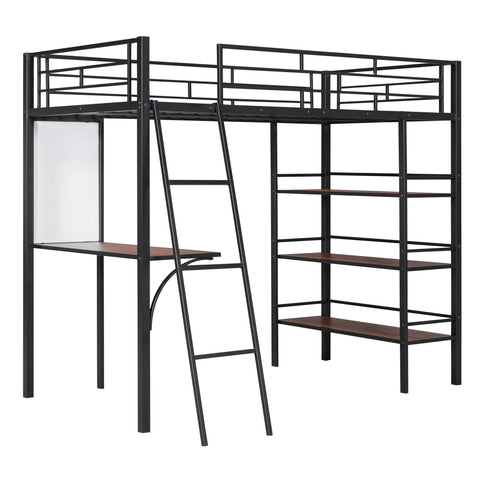 Loft Metal Bed With 3 Layers Of Shelves And Desk, Stylish Metal Frame Bed With board
