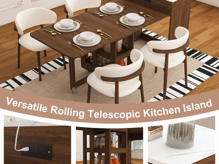 Extendable Dining Table With Power Socket, Lockable Casters, Storage Cabinet