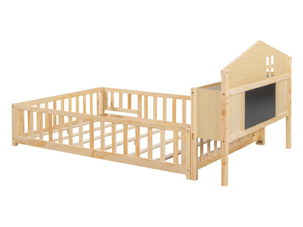Full Size Montessori Floor Bed With Bookcases And boards, Solid Wood Platform Bed With Guard Rails And Storage Headboards - Natural