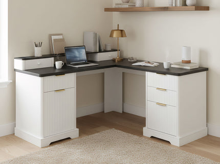 Fluted L-Shaped Desk With Charging Station & Storage Cabinet