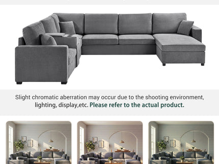 Modular 5 Seat U-Shape Sectional Sofa With Chaise Lounge, Built In Cup Holders And Storage Drawer