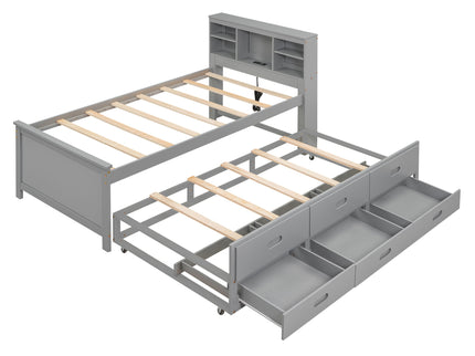 Platform Bed With Storage Headboard, USB, Trundle And 3 Drawers
