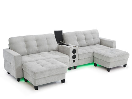 Modern Sectional Sofa U-Shaped With Movable Ottomans, tooth Speakers, LED Lights And Modular Storage