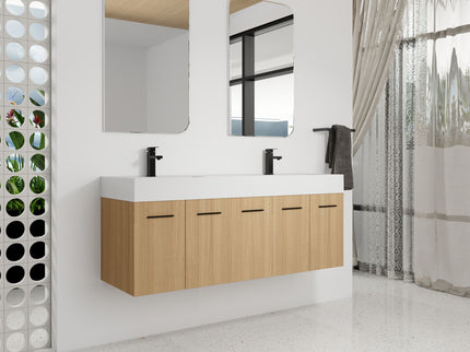 Floating Double Sink Bathroom Vanity With Extra Large Storage, Integrated Sink, Soft Close Doors, Wall Mounted Bath Vanity - Glossy White / Light Oak